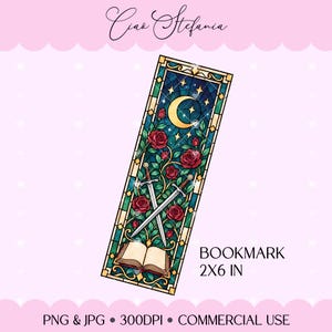 May include: A rectangular bookmark measuring 2x6 inches featuring a stained glass design with a yellow crescent moon, red roses, green leaves, two crossed silver swords, and an open book. The text Ciao Stefania, BOOKMARK 2X6 IN, PNG & JPG, 300DPI, COMMERCIAL USE is visible.