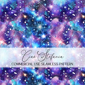 May include: Seamless pattern with a vibrant galaxy design in shades of purple, blue, and pink. The design features sparkling stars and celestial elements. The text "Ciao Stefania" and "COMMERCIAL USE SEAMLESS PATTERN" are displayed.