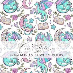 May include: A seamless pattern featuring teal dragons, pink crescent moons, open books, purple roses, and crystals on a white background. The text Ciao Stefania and COMMERCIAL USE SEAMLESS PATTERN is overlaid in the center of the repeating design.