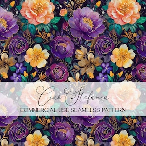 May include: A seamless floral pattern featuring large, stylized flowers in shades of purple, orange, and yellow against a dark background. The design includes gold accents and the text "Ciao Stefania" and "COMMERCIAL USE SEAMLESS PATTERN".