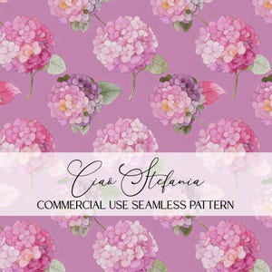 May include: A seamless pattern featuring watercolor illustrations of pink and purple hydrangea flowers on a lavender background. The design includes the text "Ciao Stefania" and "COMMERCIAL USE SEAMLESS PATTERN".