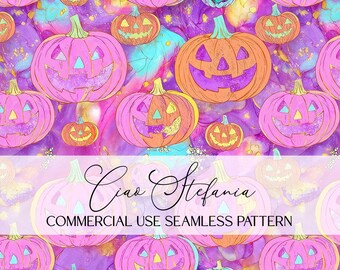Pink Pumpkins Seamless Pattern, Jack-o-Lantern Pattern, Halloween Digital Paper Repeating File for Sublimation Commercial Use