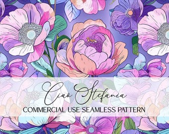 Pastel Pink & Purple Watercolor Seamless Floral Pattern Flower Digital Paper Repeating File for Sublimation Commercial Use