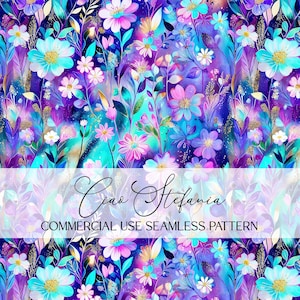 May include: A vibrant floral pattern in shades of purple, teal, and pink. The design features a variety of flowers and foliage with gold accents. The text "Ciao Stefania" and "COMMERCIAL USE SEAMLESS PATTERN" are displayed at the bottom.