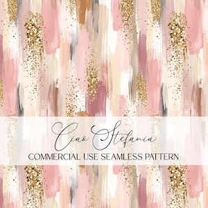 May include: A seamless pattern featuring vertical brushstrokes in shades of blush pink, cream, beige, and mauve, accented with textured gold glitter splatters. The text Ciao Stefania COMMERCIAL USE SEAMLESS PATTERN is centred over the design.