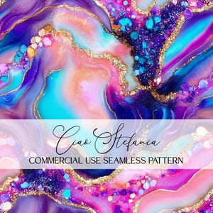 May include: Abstract digital art with a seamless pattern in vibrant colors. The design features swirling shades of purple, blue, pink, and gold, with the text "Ciao Stefania" and "COMMERCIAL USE SEAMLESS PATTERN".