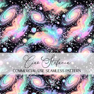 May include: A seamless pattern featuring a black background with pastel-colored galaxies, swirling nebulae, and scattered stars. The text Ciao Stefania COMMERCIAL USE SEAMLESS PATTERN is overlaid in the center on a semi-transparent white horizontal band.