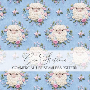 May include: Seamless pattern featuring white sheep with floral wreaths on a light blue background. The sheep are surrounded by pink and blue flowers. The text "Ciao Stefania" and "COMMERCIAL USE SEAMLESS PATTERN" are also visible.