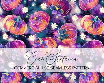 Whimsical Pumpkins Seamless Pattern, Fall Digital Paper Repeating File for Sublimation Commercial Use Fall Floral Pattern Seamless File