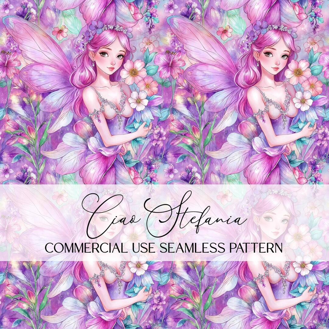 Bright Purple Fairy Seamless Pattern, Watercolor Fantasy Digital Paper ...