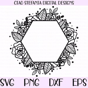 Geometric Hexagon Frame, Rose Monogram Frame SVG, Floral Wreath SVG, Cut Files For Cricut, Silhouette, Flower Frame, Monogram Wreath Clipart