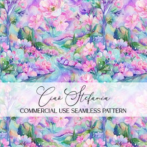 Pastel Floral Landscape Seamless Pattern: Whimsical Garden Digital Paper (PNG & JPG)