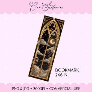 Peut inclure: Un marque-page rectangulaire de 2x6 pouces avec un cadre gothique doré. Le motif représente un ciel nocturne avec un croissant de lune, des nuages et des étoiles, entouré de vignes fleuries sur un fond noir avec le texte Ciao Stefania.