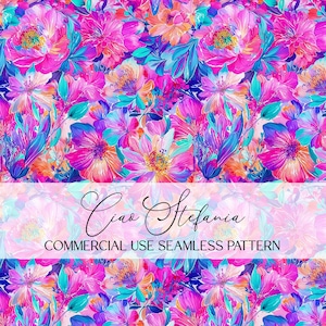 Neon Floral Pattern, Tropical Watercolor Floral Seamless Pattern, Botanical Digital Paper Repeating File for Sublimation Commercial Use