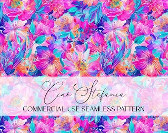 Neon Floral Pattern, Tropical Watercolor Floral Seamless Pattern, Botanical Digital Paper Repeating File for Sublimation Commercial Use