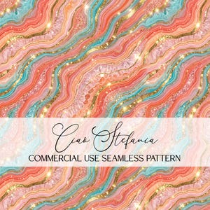 May include: Seamless pattern with a flowing agate design in shades of coral, teal, and gold. The pattern features a marbled effect with glitter accents and the text "Ciao Stefania" and "COMMERCIAL USE SEAMLESS PATTERN".