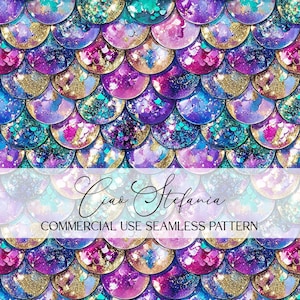 May include: A vibrant, seamless pattern featuring a mermaid scale design. The scales are a mix of purple, blue, teal, and gold, with glitter accents. The text "Ciao Stefania" and "COMMERCIAL USE SEAMLESS PATTERN" are displayed.