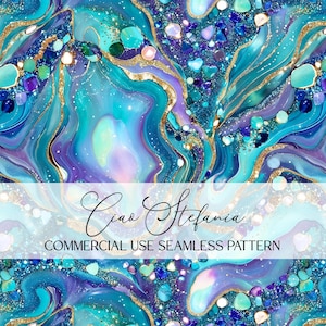 Può includere: Motivo senza cuciture astratto nei toni del verde acqua, blu, viola e oro. Il design presenta un effetto marmorizzato con accenti glitterati. Il testo "Ciao Stefania" e "COMMERCIAL USE SEAMLESS PATTERN" è incluso.