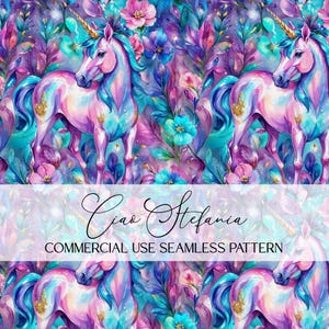 May include: A seamless pattern featuring watercolor unicorns with gold accents, surrounded by flowers in shades of pink, purple, and teal. The text "Ciao Stefania" and "COMMERCIAL USE SEAMLESS PATTERN" are displayed.