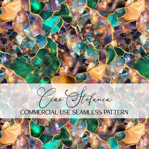 May include: A seamless pattern featuring a mosaic of jewel-toned gemstones in shades of teal, purple, gold, and amber. The design includes the text "Ciao Stefania" and "COMMERCIAL USE SEAMLESS PATTERN".