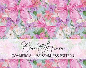 Watercolor Pink Bows Floral Pattern Flower Digital Paper Repeating File for Sublimation Commercial Use Cottagecore Floral Pattern