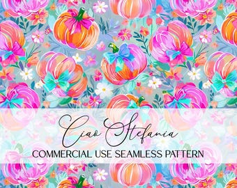 Watercolor Pumpkins Seamless Pattern, Fall Digital Paper Repeating File for Sublimation Commercial Use Fall Floral Pattern Seamless File
