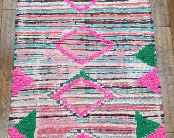 Small Pink Boho Moroccan Rug, Colourful Moroccan Runner, Wool Rug, Tribal Rug