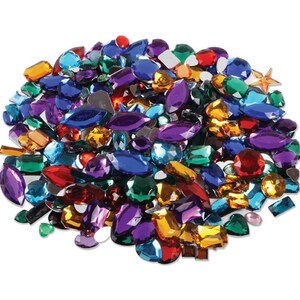 May include: A large assortment of colourful, faceted, plastic gems in various shapes and sizes. The gems are a mix of red, orange, yellow, green, blue, purple, and clear.