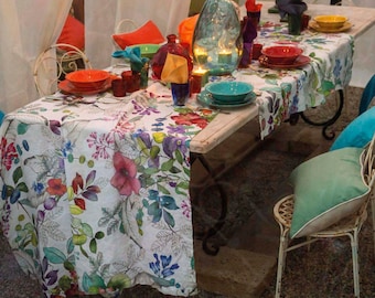 Hemp tablecloth. Made in Italy. Floral design. Country style. Organic colorful tablecloth. easter tablecloth