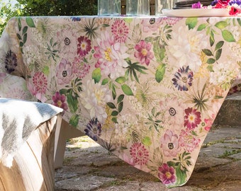 Linen tablecloth with floral design. Made in Italy. Size for runner table, round, square, rectangular tablecloth. Flower tablecloth.