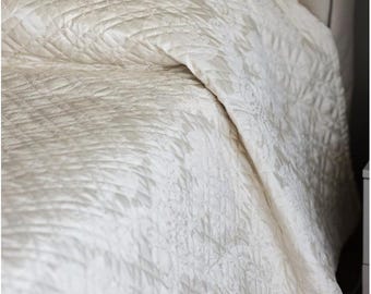 Luxury bedspread with jacquard embroidery. Rebrode. Quilt champagne color. Luxury coverlet. Ivory bedspread. Italian bedding