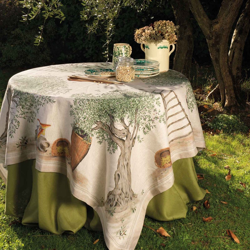 Linen tablecloth. Fall tablecloth. Rectangular, square, runner. Autumn, seasonal,. Olive. Tuscany. Made in Italy image 1