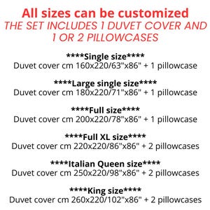 May include: A text-based chart detailing customizable bedding sets. It lists sizes including Single (63"x86"), Large Single (71"x86"), Full (78"x86"), Full XL (86"x86"), Italian Queen (98"x86"), and King (102"x86"), each with 1 or 2 pillowcases.