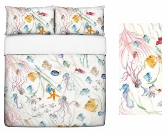 Egyptian cotton sateen bedding. The set includes flat sheet+fitted sheet+pillowcases. Custom bed sheets. Marine theme, sea life design