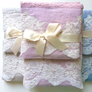 Lace towel. Set of 5 with hand towel, guest towel, bath sheet. Made in Italy. Rebrodé lace set towel, vintage style, beautiful gift idea!