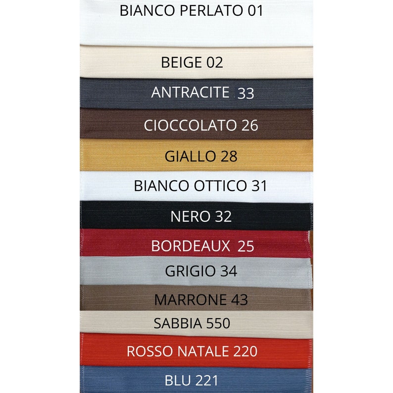 May include: A vertical color swatch chart featuring twelve fabric strips in various shades including white, beige, charcoal, brown, yellow, black, red, gray, tan, and blue, each labeled with its specific color name and numerical code.