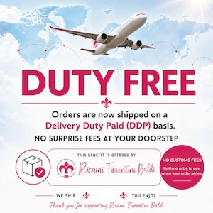 May include: A graphic featuring a white airplane flying over a light blue world map. The text reads: DUTY FREE, Orders are now shipped on a Delivery Duty Paid (DDP) basis. NO SURPRISE FEES AT YOUR DOORSTEP. THIS BENEFIT IS OFFERED BY Ricami Fiorentini Baldi.