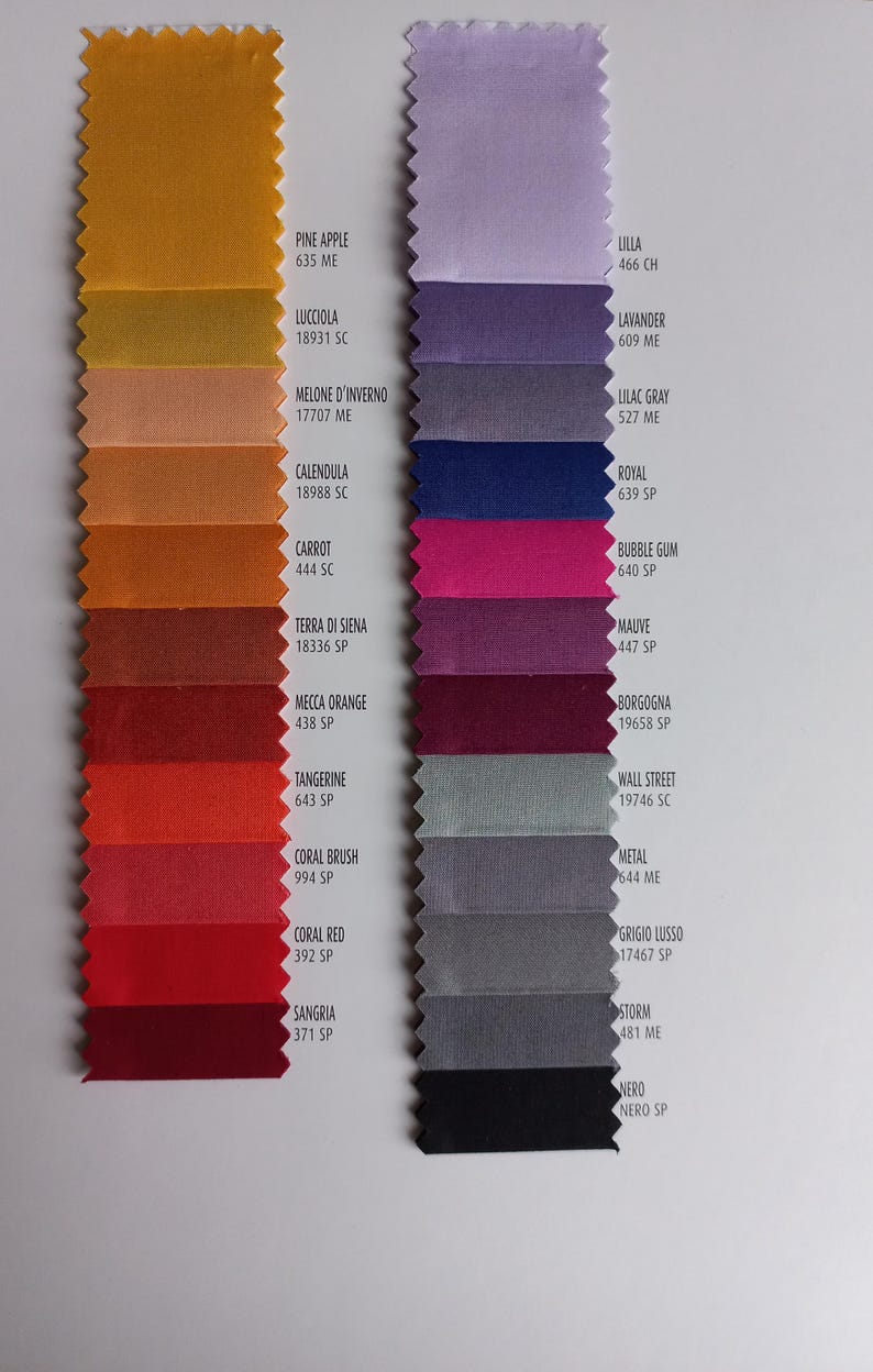 May include: Two vertical columns of fabric swatches with pinked edges. The left column displays warm tones from yellow to deep red, labeled with names like Pine Apple, Lucciola, and Sangria. The right column shows cool tones from lavender to black, labeled with names like Lilla, Royal, and Nero.