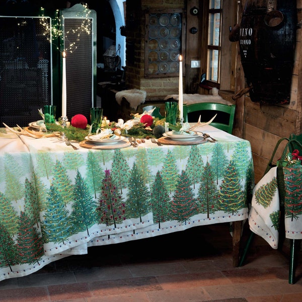 Nappe 100% lin. 140x170 cm ARBRES FÉES. Je dessine des arbres de Noël. Nappe pour table. Nappe de Noël. Fabriqué en Italie