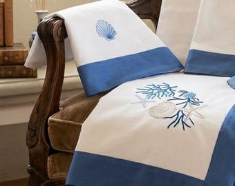 Embroidered sheet set with pillowcases. Coral embroidery. Nautical bed sheets, Coastal bedding set. Italian bedding