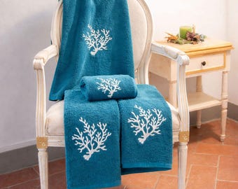 Coral embroidered towel set 5-piece. Luxury Yacht Towel Set (5 Piece) - Marine Decor - Premium Boat Linens - Sailboat gift - Made in Italy