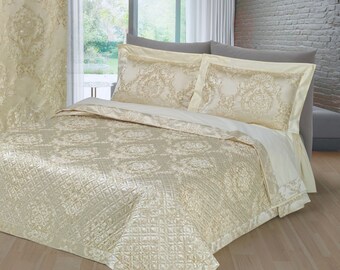 Luxury bedspread with rhinestones. Quilt gold color. Luxury coverlet. Gold bedspread. Italian glitter bedding