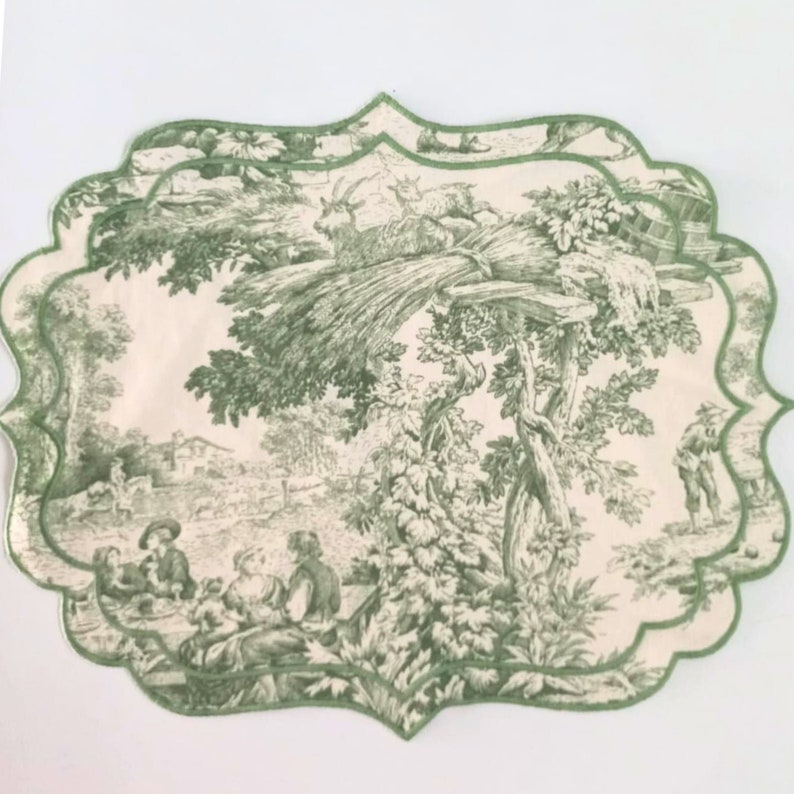Oilcloth Linen Placemats Set of 6. Toile De Jouy Placemats. Scalloped