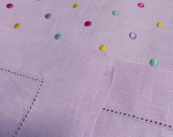 Hemstitched linen tablecloth with polka dot embroidery. Colour of your choise. Custom size. Made in Italy