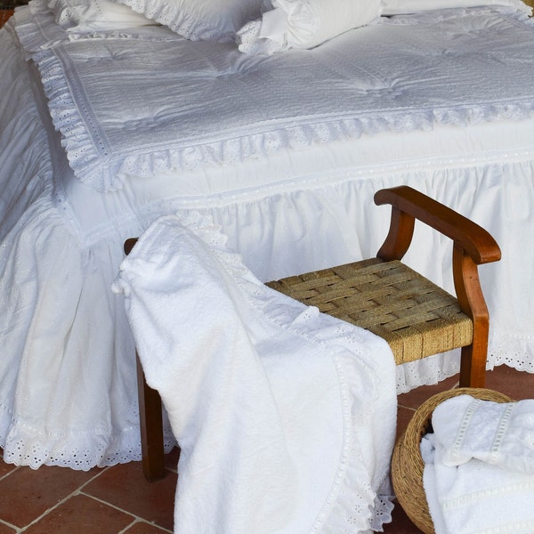 White broderie anglaise bedspread. Romantic bed coverlet with lace. Eyelet bedding. Made in Italy