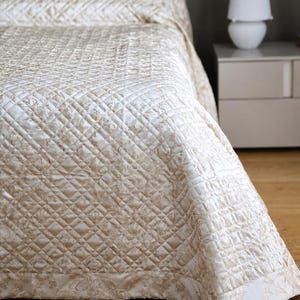 Luxury bedspread with lurex embroidery. Quilt gold color. Luxury coverlet. Gold bedspread. Italian glitter bedding