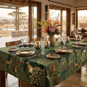May include: A dining table covered with a dark green tablecloth featuring a repeating pattern of deer, birds, and trees. The table is set with ceramic plates, clear crystal glassware, metallic candle holders, and a central vase of flowers.