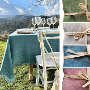 Tablecloth stain resistant. For round or oval or rectangular or square table. No wrinkes. No iron. Polyester tablecloth. Made in Italy