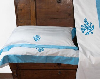Embroidered sheet set with pillowcases. Coral embroidery. Nautical bed sheets, Coastal bedding set. Italian bedding
