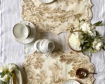 Embroidered toile de jouy placemats. Set of 12. Scalloped toile de jouy placemats. Cotton table mats. Breakfast placemat. Made in Italy